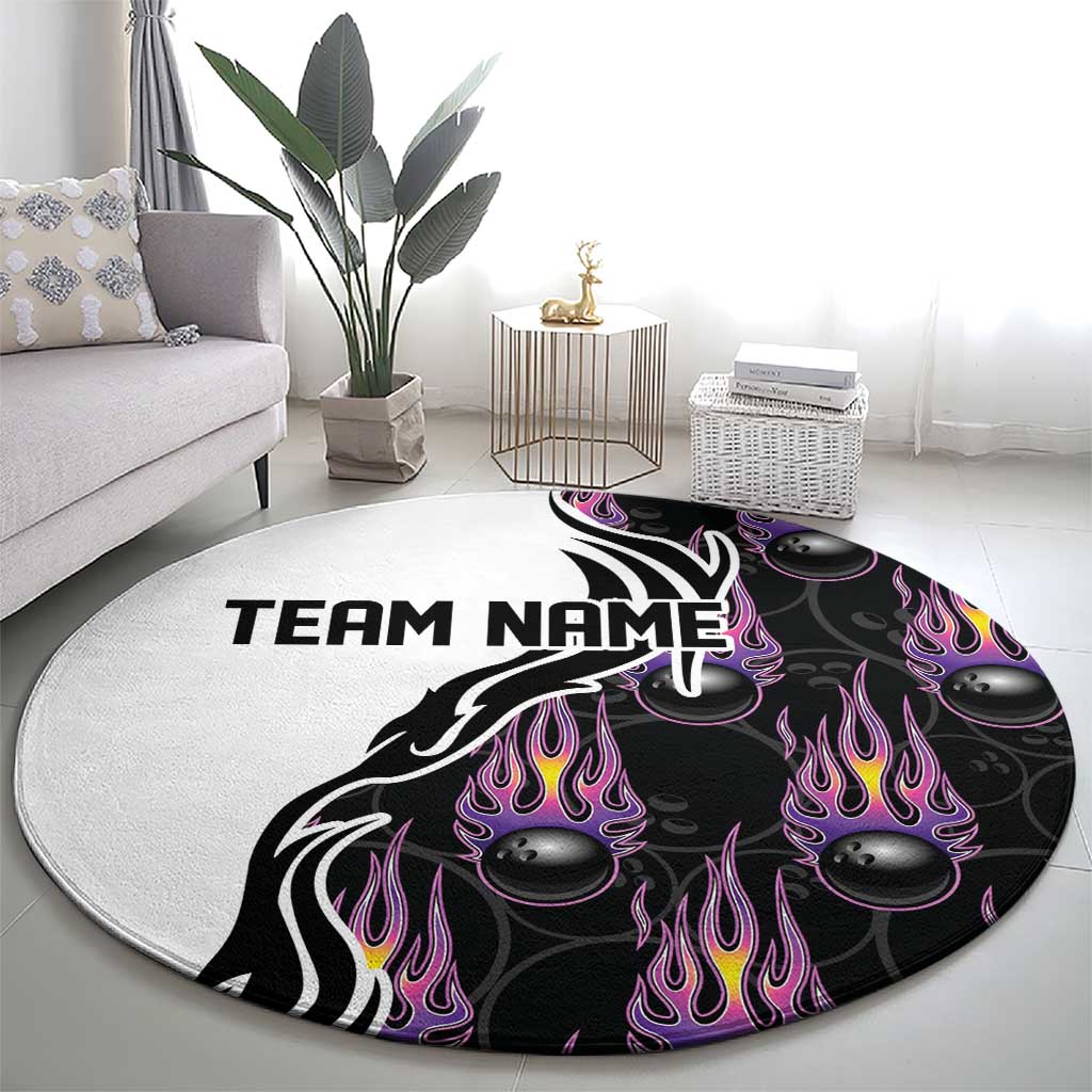 Personalized Bowling Flame Round Carpet Black and White Split Pattern and Purple Fireball Graphics - Wonder Print Shop