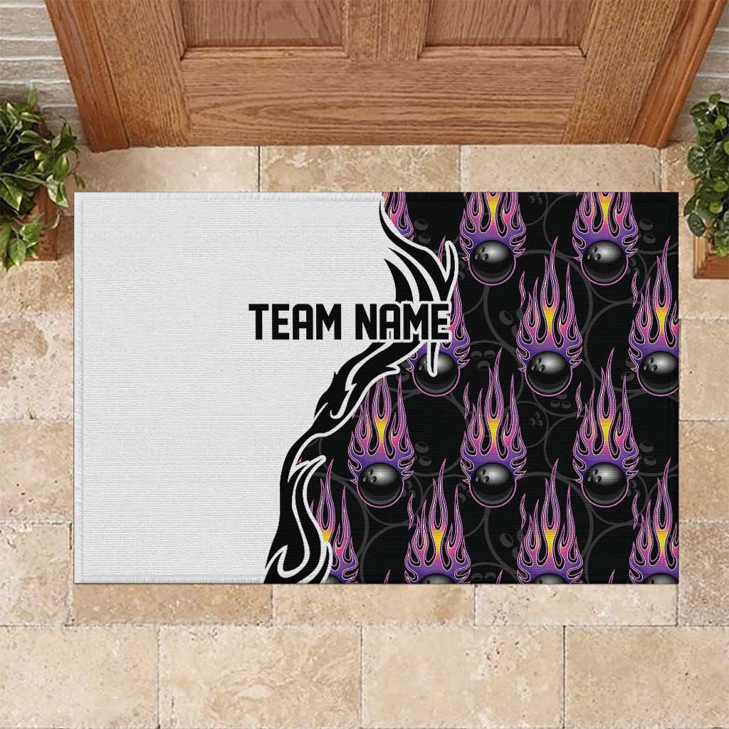 Personalized Bowling Flame Rubber Doormat Black and White Split Pattern and Purple Fireball Graphics - Wonder Print Shop