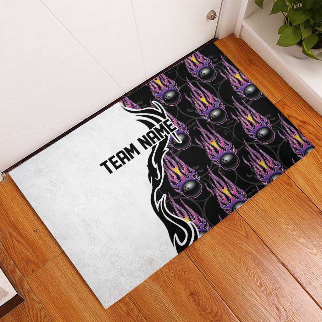 Personalized Bowling Flame Rubber Doormat Black and White Split Pattern and Purple Fireball Graphics - Wonder Print Shop