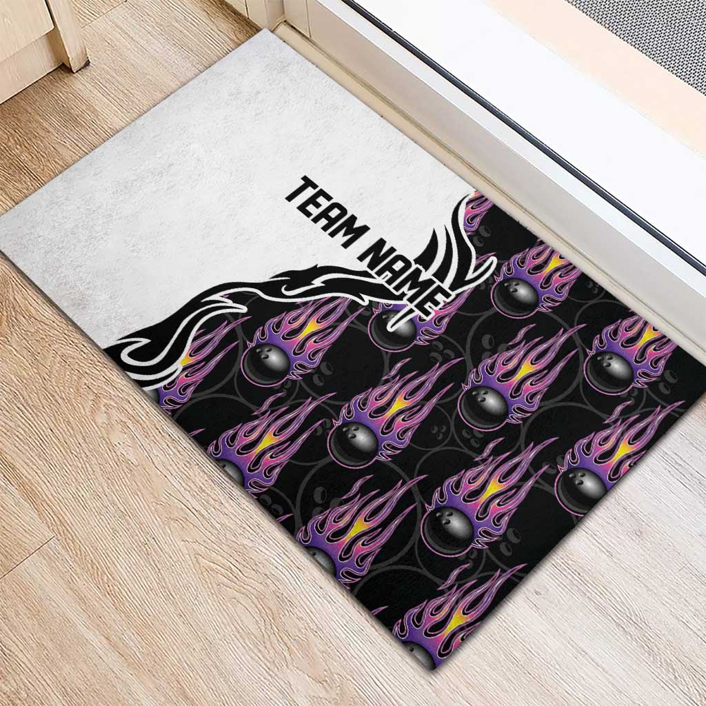 Personalized Bowling Flame Rubber Doormat Black and White Split Pattern and Purple Fireball Graphics - Wonder Print Shop