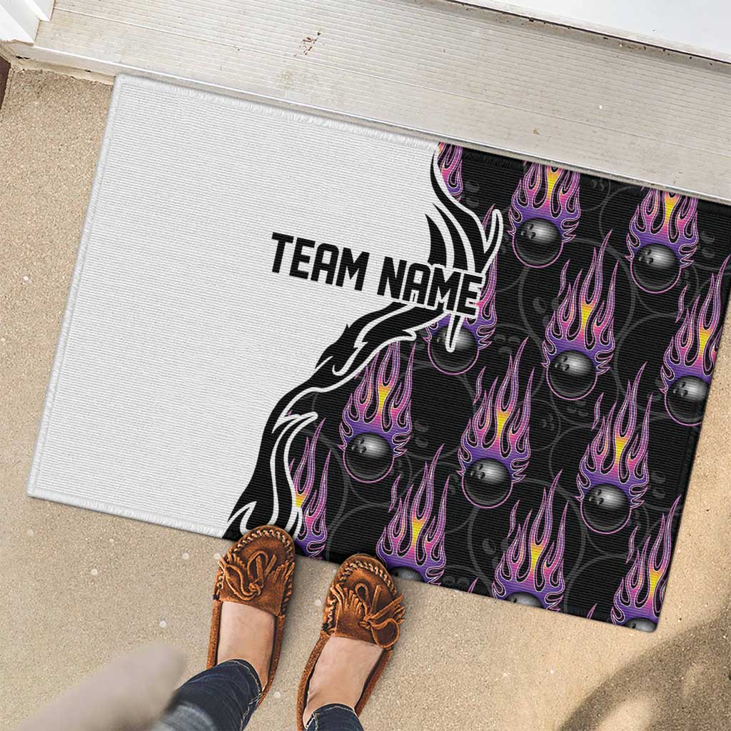 Personalized Bowling Flame Rubber Doormat Black and White Split Pattern and Purple Fireball Graphics - Wonder Print Shop