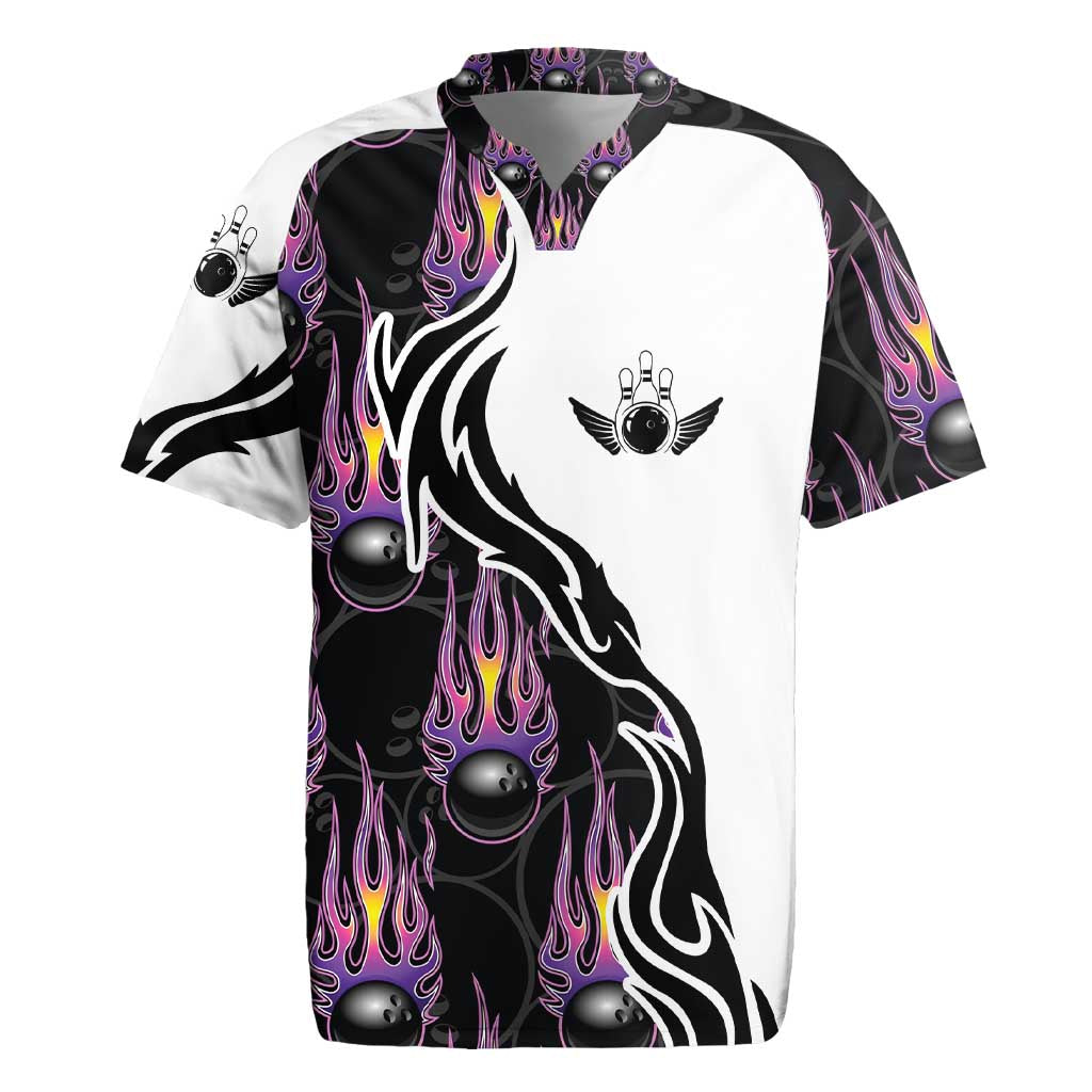Personalized Bowling Flame Rugby Jersey Black and White Split Pattern and Purple Fireball Graphics - Wonder Print Shop