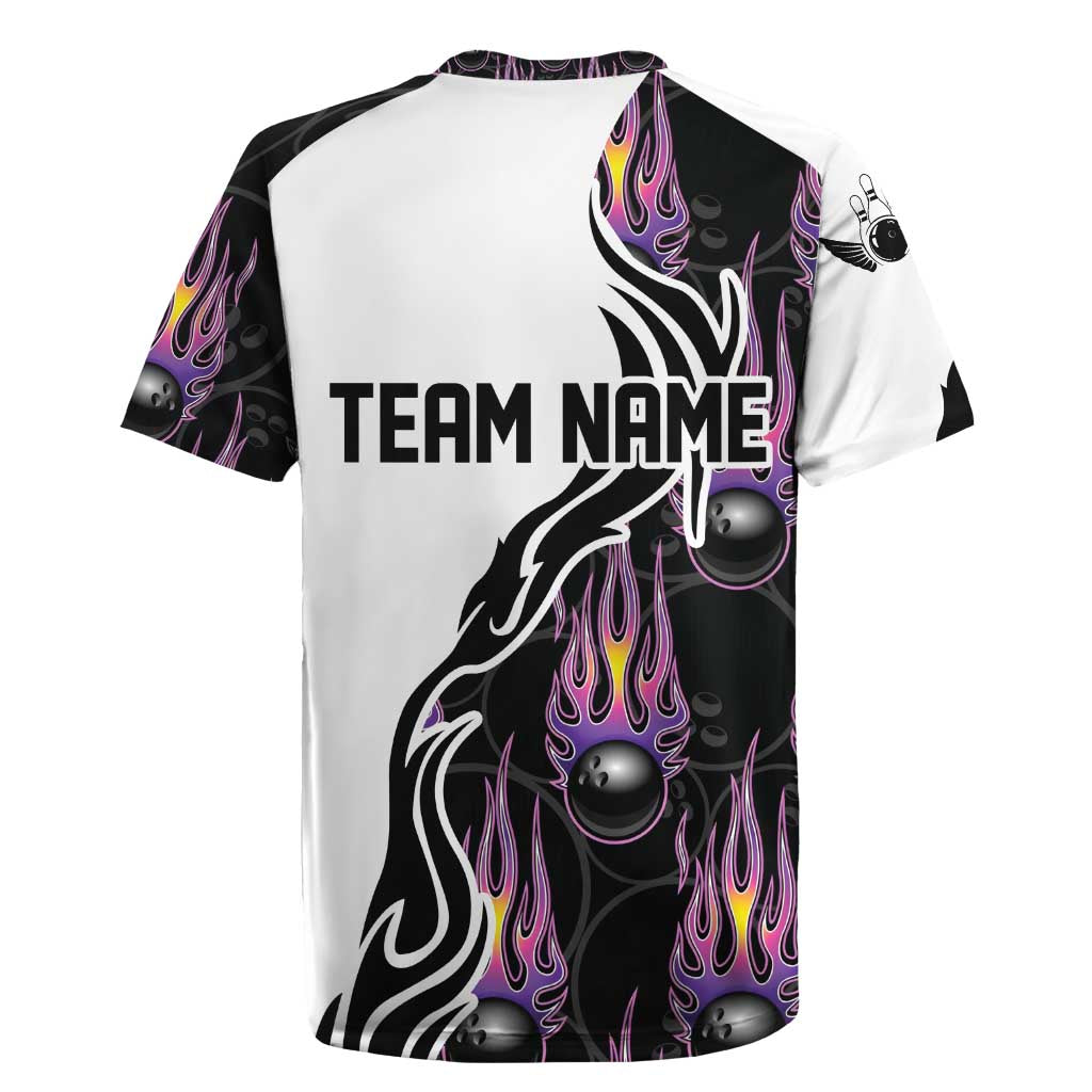 Personalized Bowling Flame Rugby Jersey Black and White Split Pattern and Purple Fireball Graphics - Wonder Print Shop