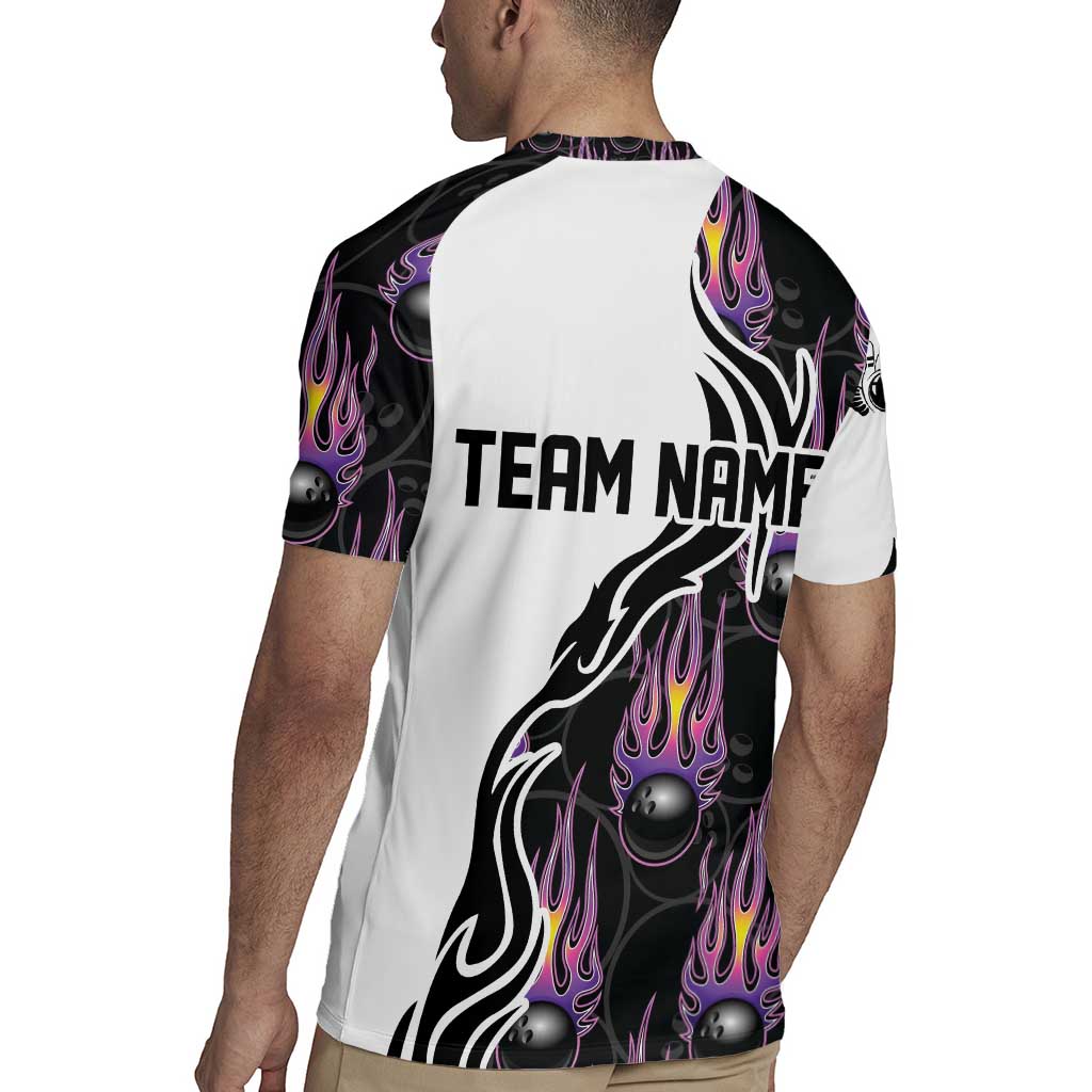 Personalized Bowling Flame Rugby Jersey Black and White Split Pattern and Purple Fireball Graphics - Wonder Print Shop