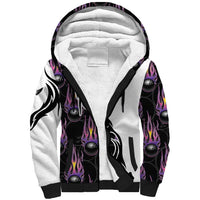Personalized Bowling Flame Sherpa Hoodie Black and White Split Pattern and Purple Fireball Graphics - Wonder Print Shop