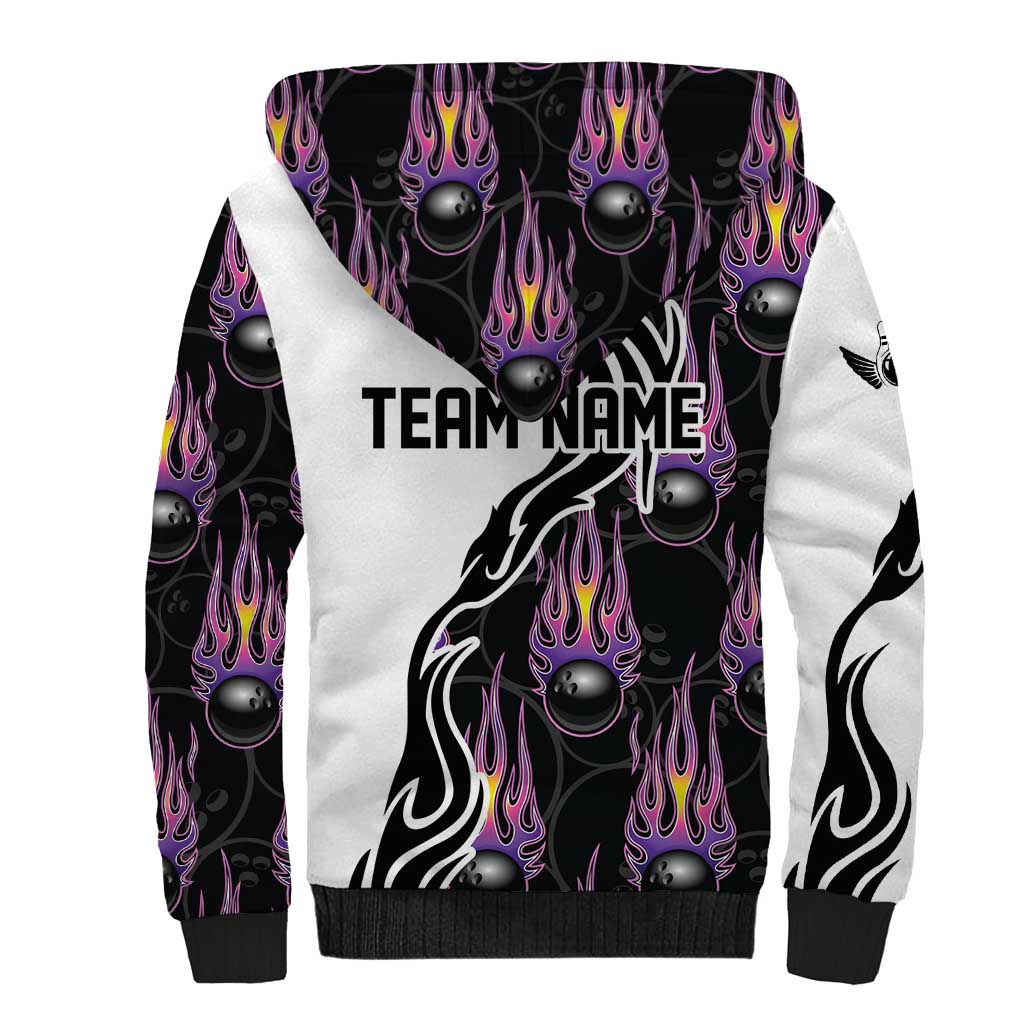 Personalized Bowling Flame Sherpa Hoodie Black and White Split Pattern and Purple Fireball Graphics - Wonder Print Shop