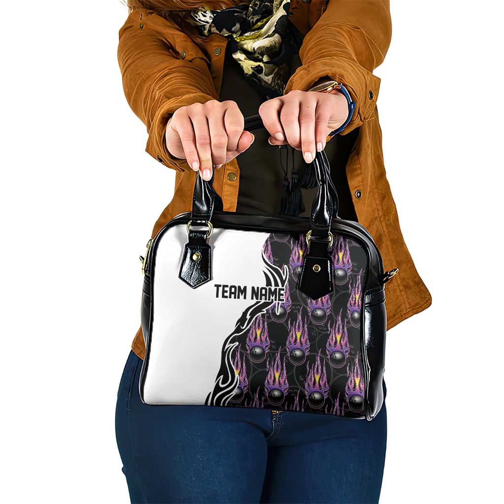 Personalized Bowling Flame Shoulder Handbag Black and White Split Pattern and Purple Fireball Graphics - Wonder Print Shop