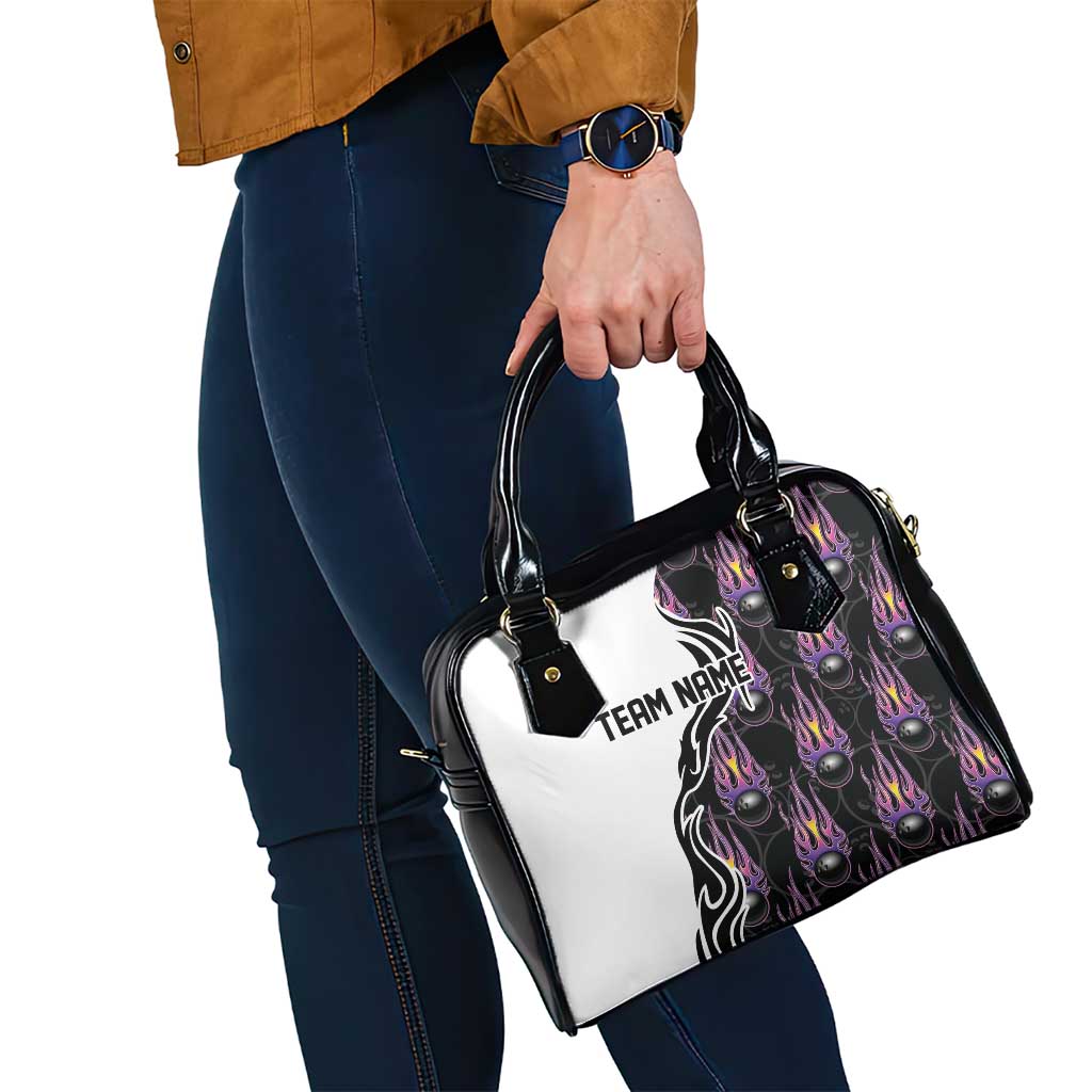 Personalized Bowling Flame Shoulder Handbag Black and White Split Pattern and Purple Fireball Graphics - Wonder Print Shop