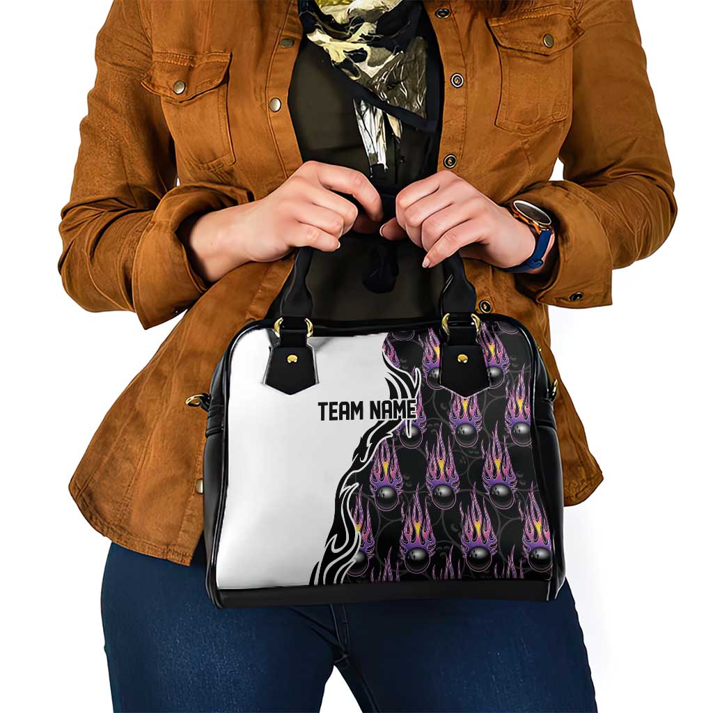Personalized Bowling Flame Shoulder Handbag Black and White Split Pattern and Purple Fireball Graphics - Wonder Print Shop