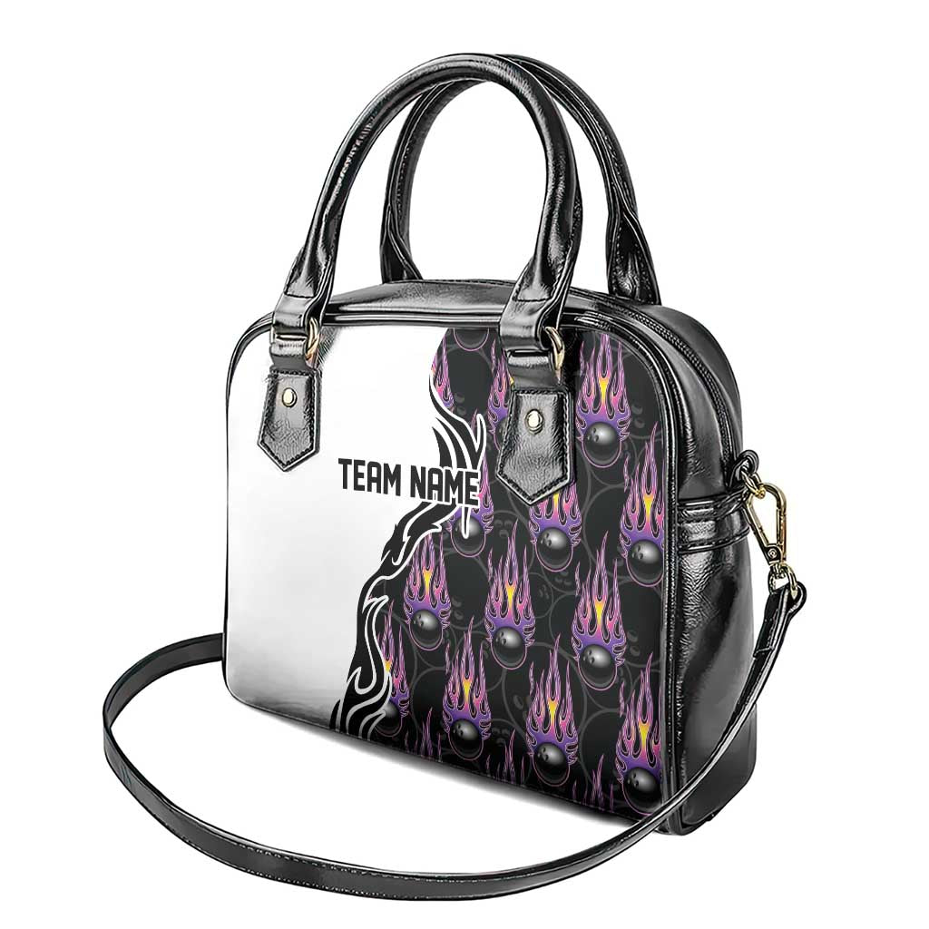 Personalized Bowling Flame Shoulder Handbag Black and White Split Pattern and Purple Fireball Graphics - Wonder Print Shop