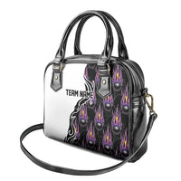 Personalized Bowling Flame Shoulder Handbag Black and White Split Pattern and Purple Fireball Graphics - Wonder Print Shop