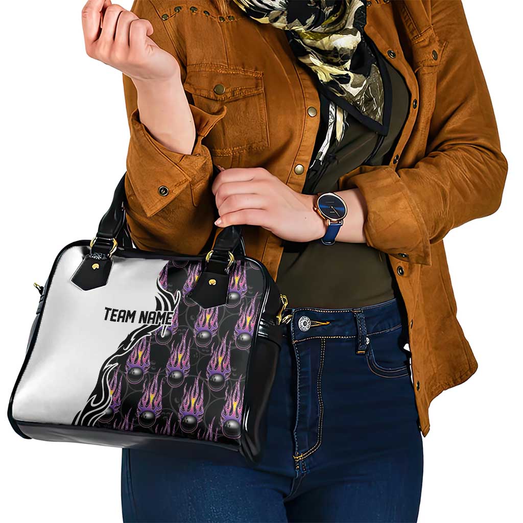 Personalized Bowling Flame Shoulder Handbag Black and White Split Pattern and Purple Fireball Graphics - Wonder Print Shop
