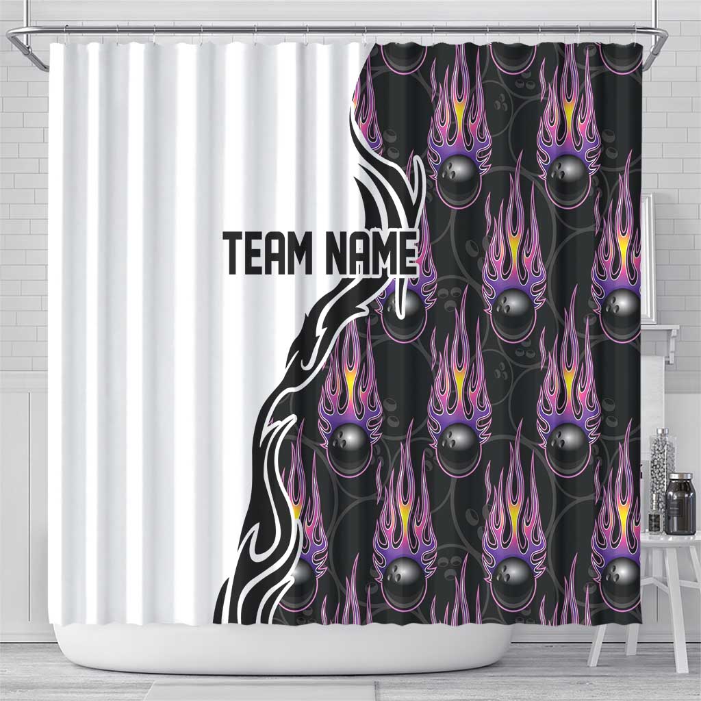 Personalized Bowling Flame Shower Curtain Black and White Split Pattern and Purple Fireball Graphics - Wonder Print Shop