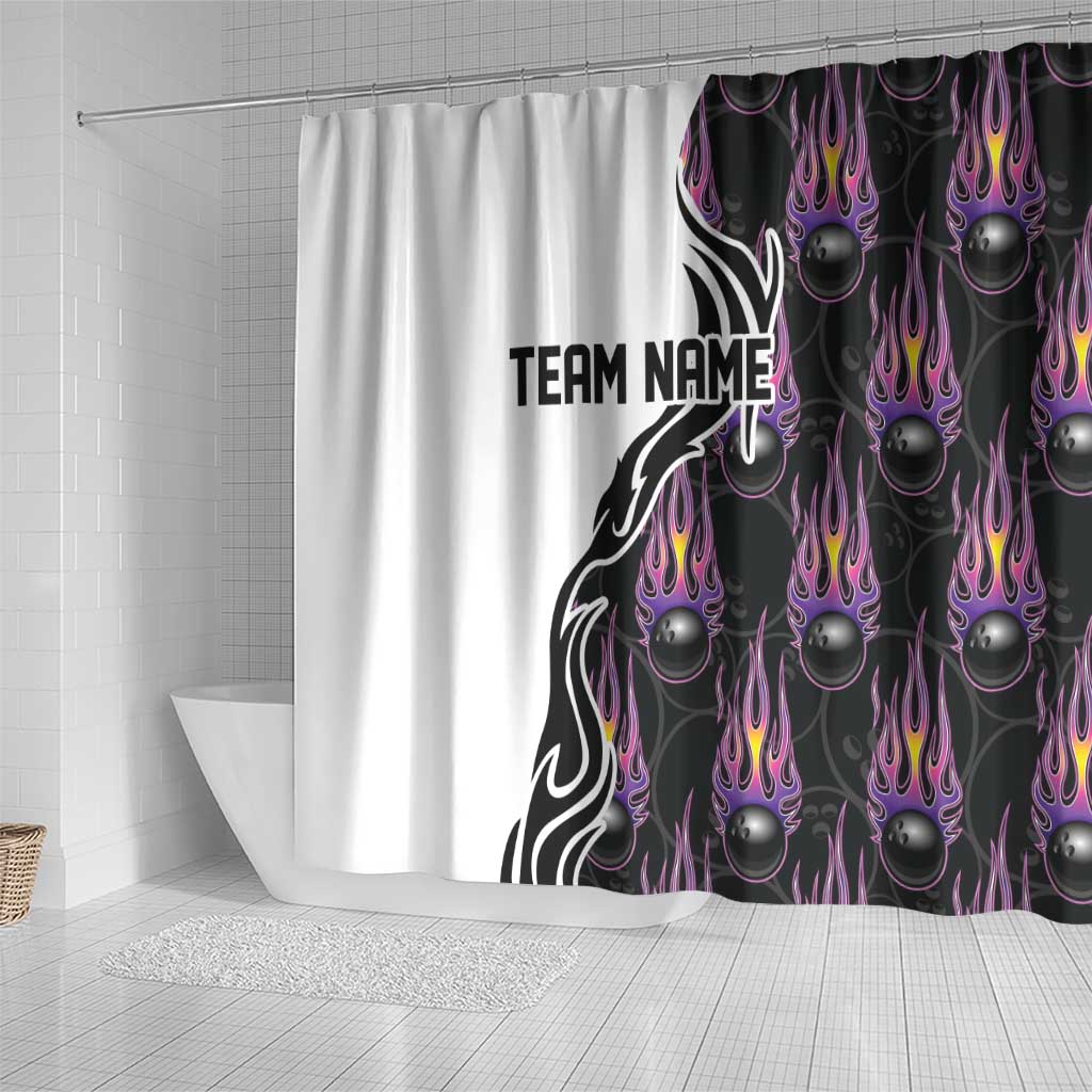 Personalized Bowling Flame Shower Curtain Black and White Split Pattern and Purple Fireball Graphics - Wonder Print Shop