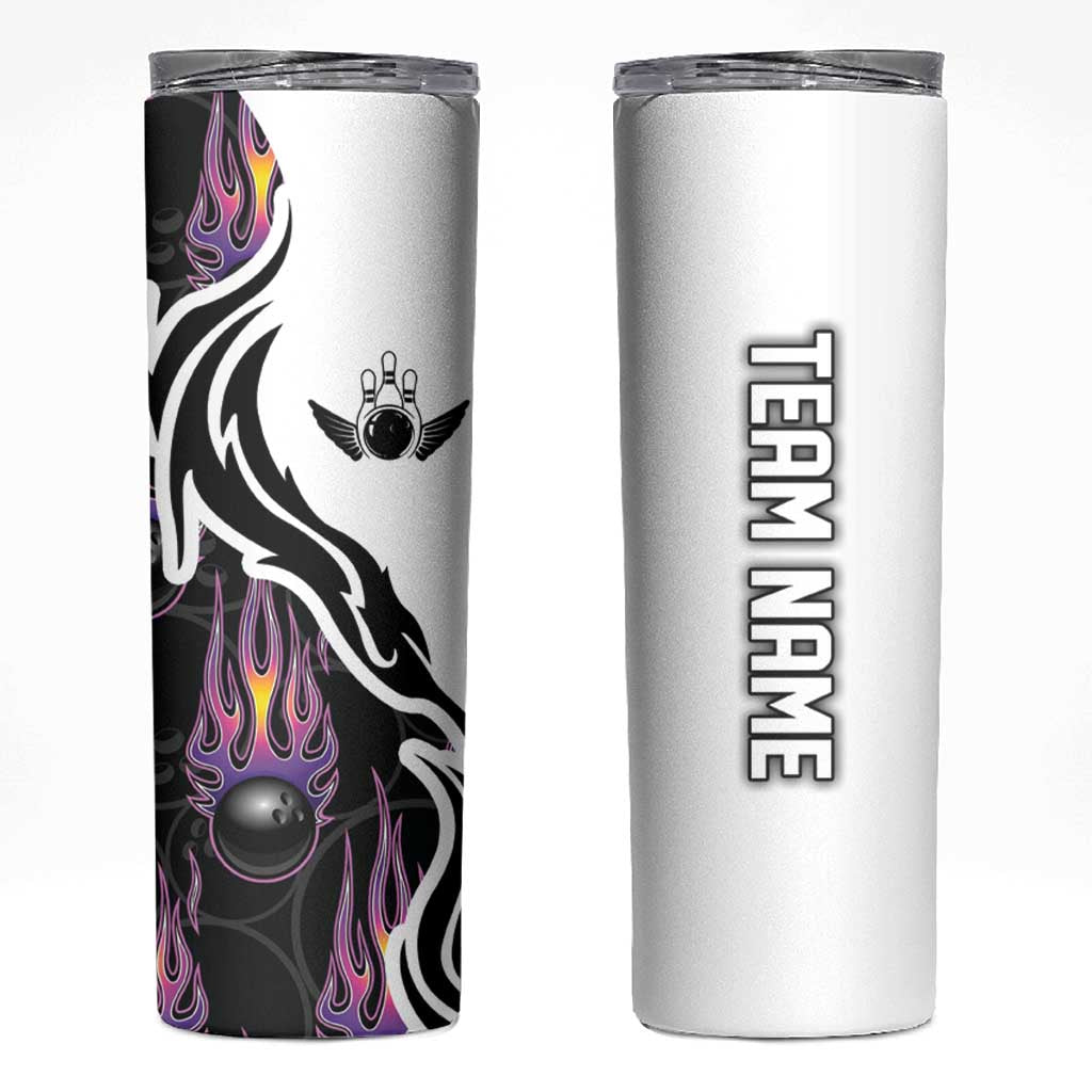 Personalized Bowling Flame Skinny Tumbler Black and White Split Pattern and Purple Fireball Graphics - Wonder Print Shop