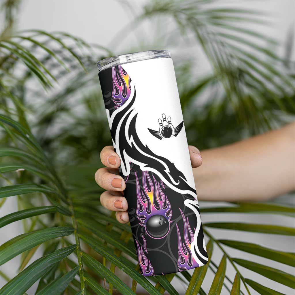 Personalized Bowling Flame Skinny Tumbler Black and White Split Pattern and Purple Fireball Graphics - Wonder Print Shop