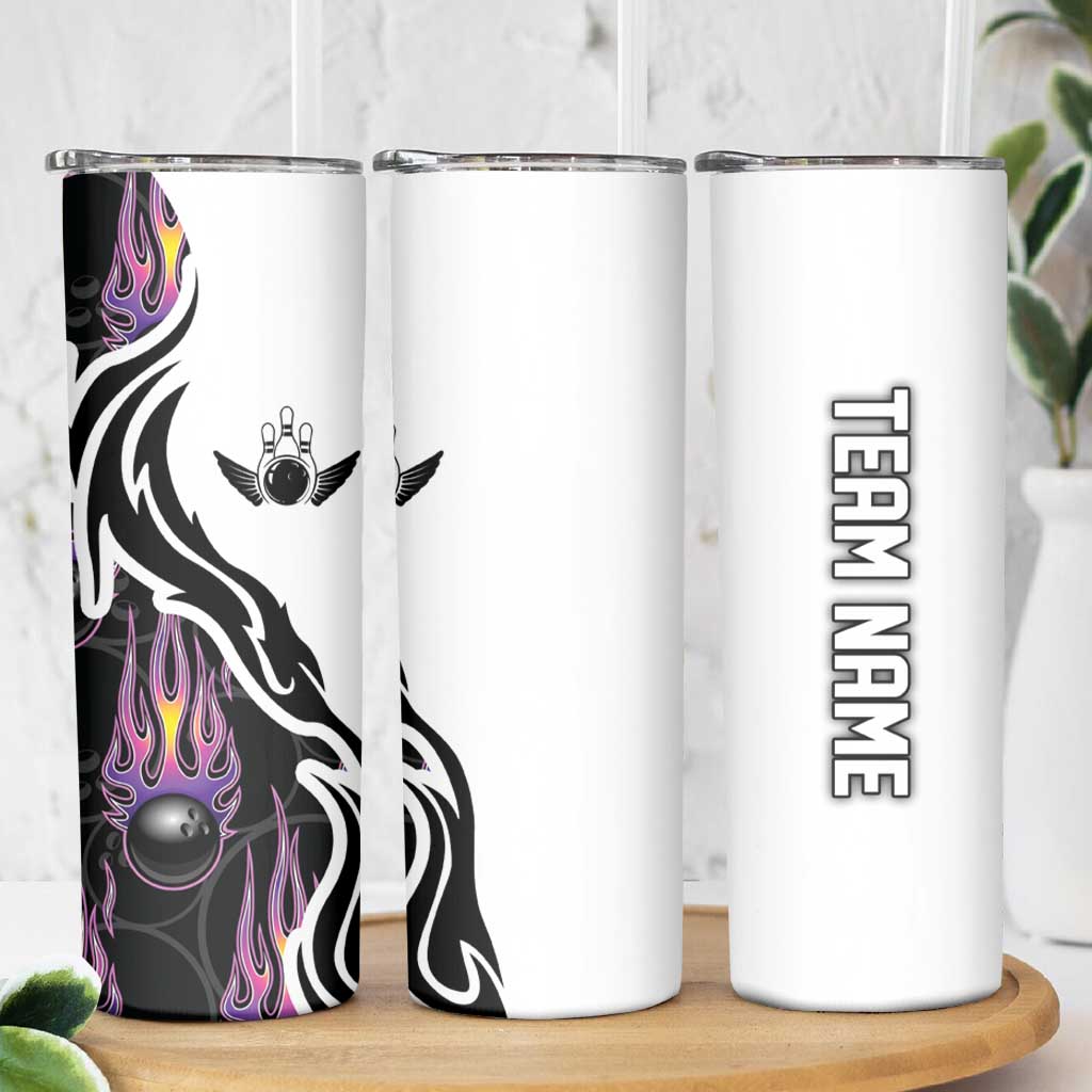 Personalized Bowling Flame Skinny Tumbler Black and White Split Pattern and Purple Fireball Graphics - Wonder Print Shop