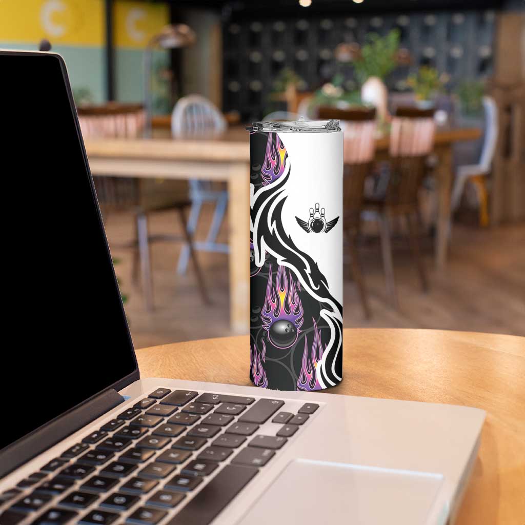 Personalized Bowling Flame Skinny Tumbler Black and White Split Pattern and Purple Fireball Graphics - Wonder Print Shop
