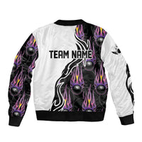 Personalized Bowling Flame Sleeve Zip Bomber Jacket Black and White Split Pattern and Purple Fireball Graphics - Wonder Print Shop