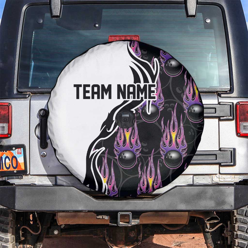 Personalized Bowling Flame Spare Tire Cover Black and White Split Pattern and Purple Fireball Graphics - Wonder Print Shop