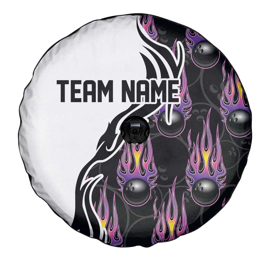 Personalized Bowling Flame Spare Tire Cover Black and White Split Pattern and Purple Fireball Graphics - Wonder Print Shop