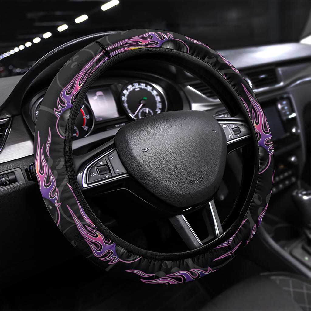 Bowling Flame Steering Wheel Cover Black and White Split Pattern and Purple Fireball Graphics - Wonder Print Shop
