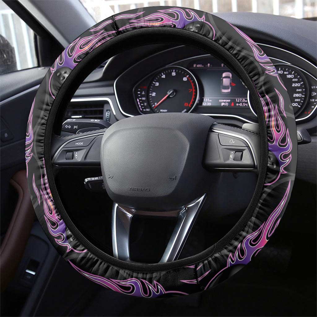Bowling Flame Steering Wheel Cover Black and White Split Pattern and Purple Fireball Graphics - Wonder Print Shop