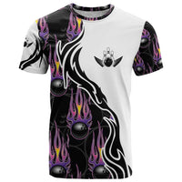 Personalized Bowling Flame T Shirt Black and White Split Pattern and Purple Fireball Graphics - Wonder Print Shop
