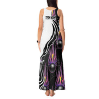 Personalized Bowling Flame Tank Maxi Dress Black and White Split Pattern and Purple Fireball Graphics - Wonder Print Shop