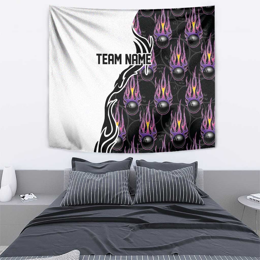Personalized Bowling Flame Tapestry Black and White Split Pattern and Purple Fireball Graphics - Wonder Print Shop