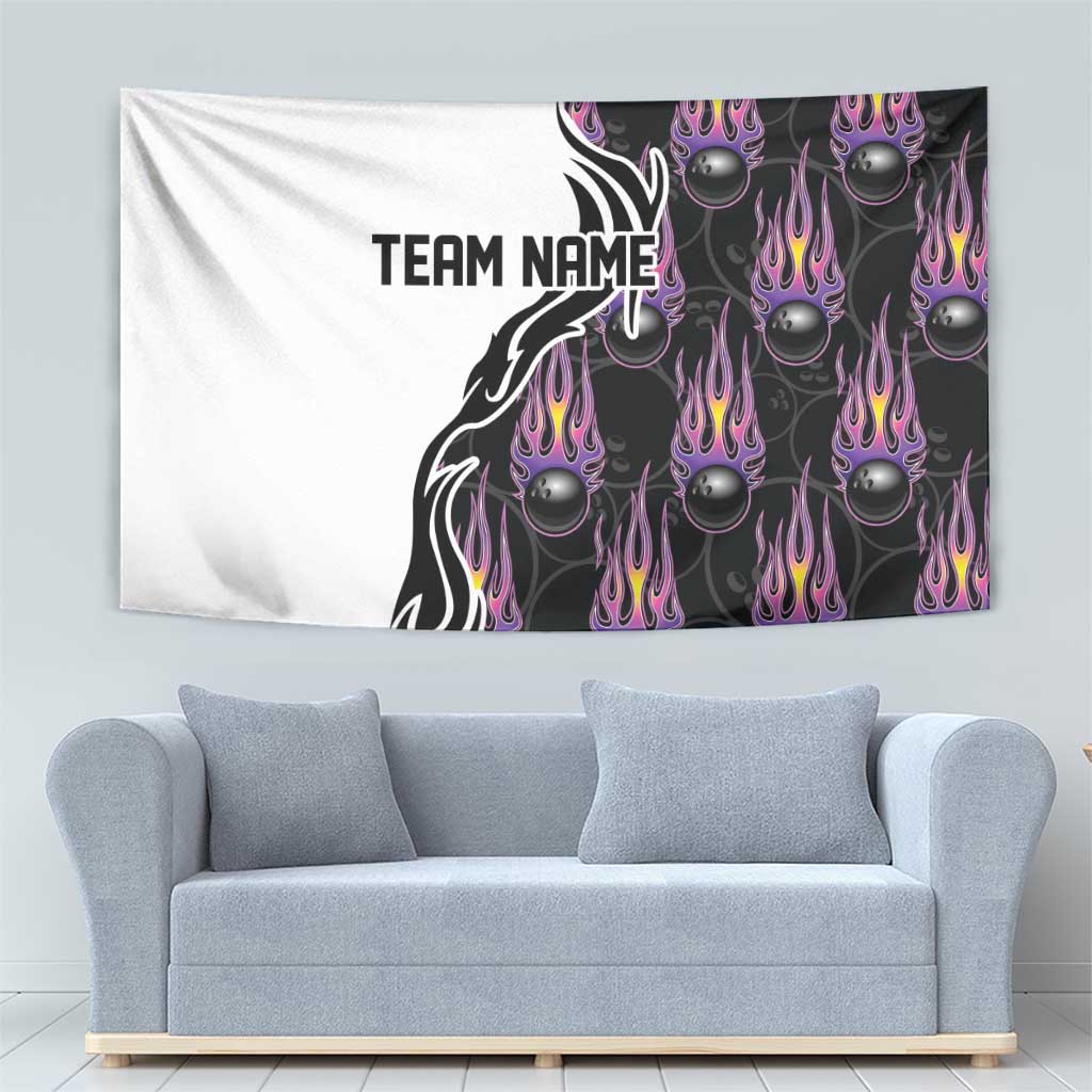 Personalized Bowling Flame Tapestry Black and White Split Pattern and Purple Fireball Graphics - Wonder Print Shop