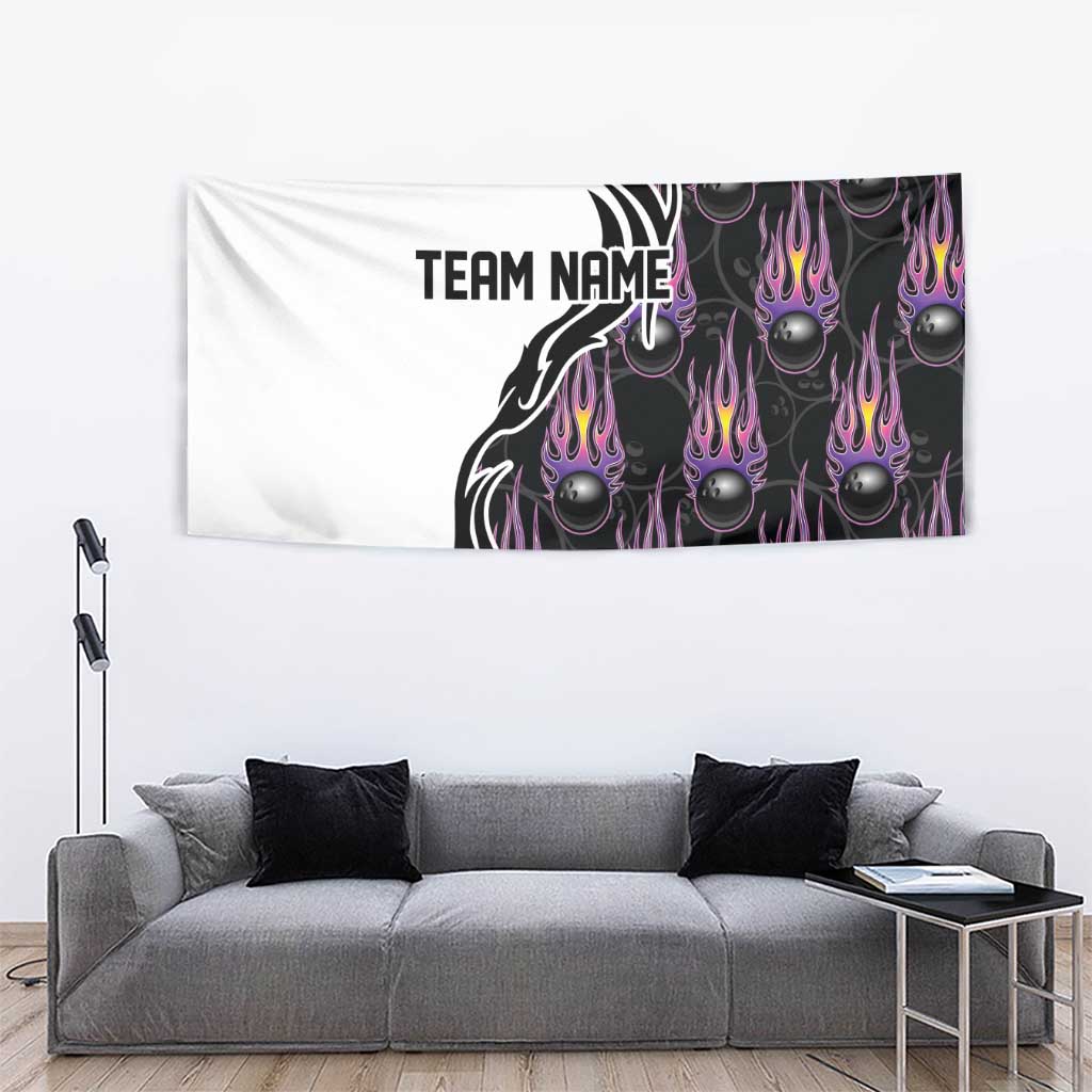 Personalized Bowling Flame Tapestry Black and White Split Pattern and Purple Fireball Graphics - Wonder Print Shop