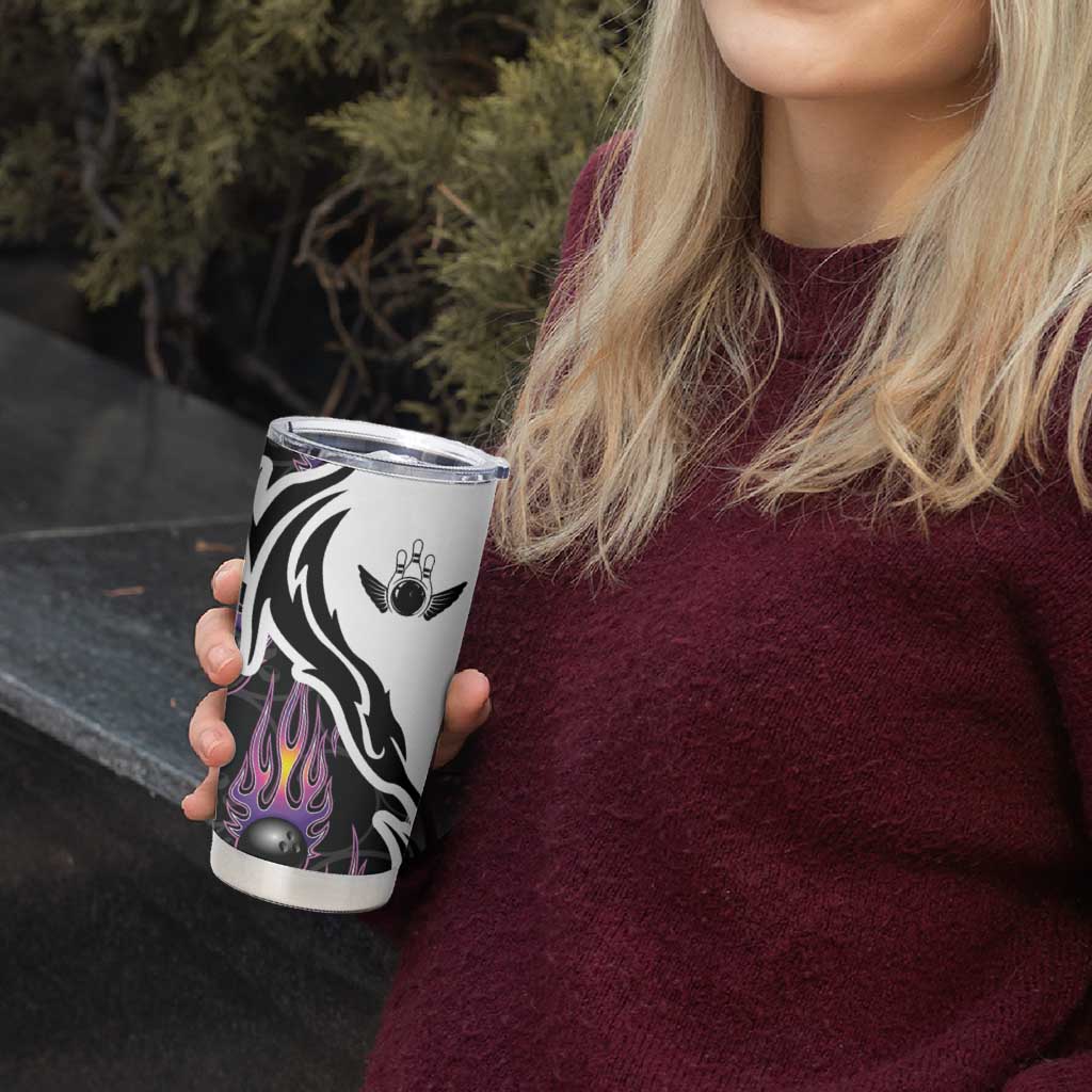 Personalized Bowling Flame Tumbler Cup Black and White Split Pattern and Purple Fireball Graphics - Wonder Print Shop