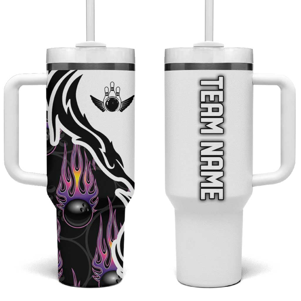 Personalized Bowling Flame Tumbler With Handle Black and White Split Pattern and Purple Fireball Graphics - Wonder Print Shop