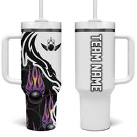 Personalized Bowling Flame Tumbler With Handle Black and White Split Pattern and Purple Fireball Graphics - Wonder Print Shop