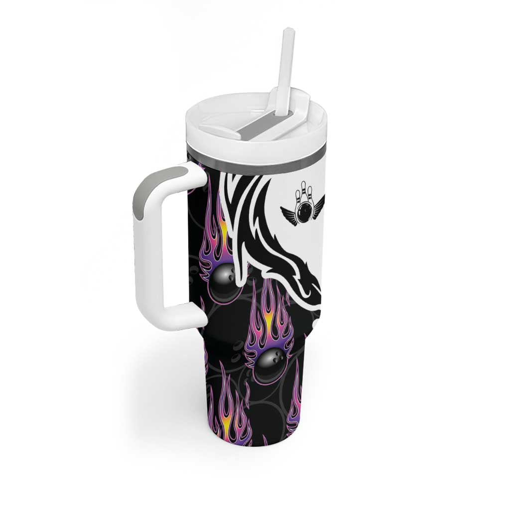 Personalized Bowling Flame Tumbler With Handle Black and White Split Pattern and Purple Fireball Graphics - Wonder Print Shop