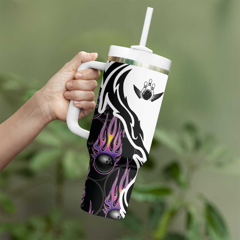 Personalized Bowling Flame Tumbler With Handle Black and White Split Pattern and Purple Fireball Graphics - Wonder Print Shop