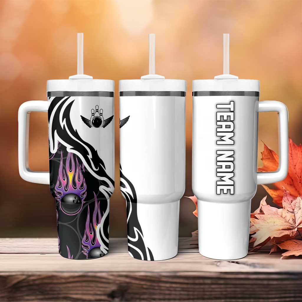 Personalized Bowling Flame Tumbler With Handle Black and White Split Pattern and Purple Fireball Graphics - Wonder Print Shop