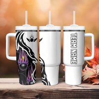 Personalized Bowling Flame Tumbler With Handle Black and White Split Pattern and Purple Fireball Graphics - Wonder Print Shop