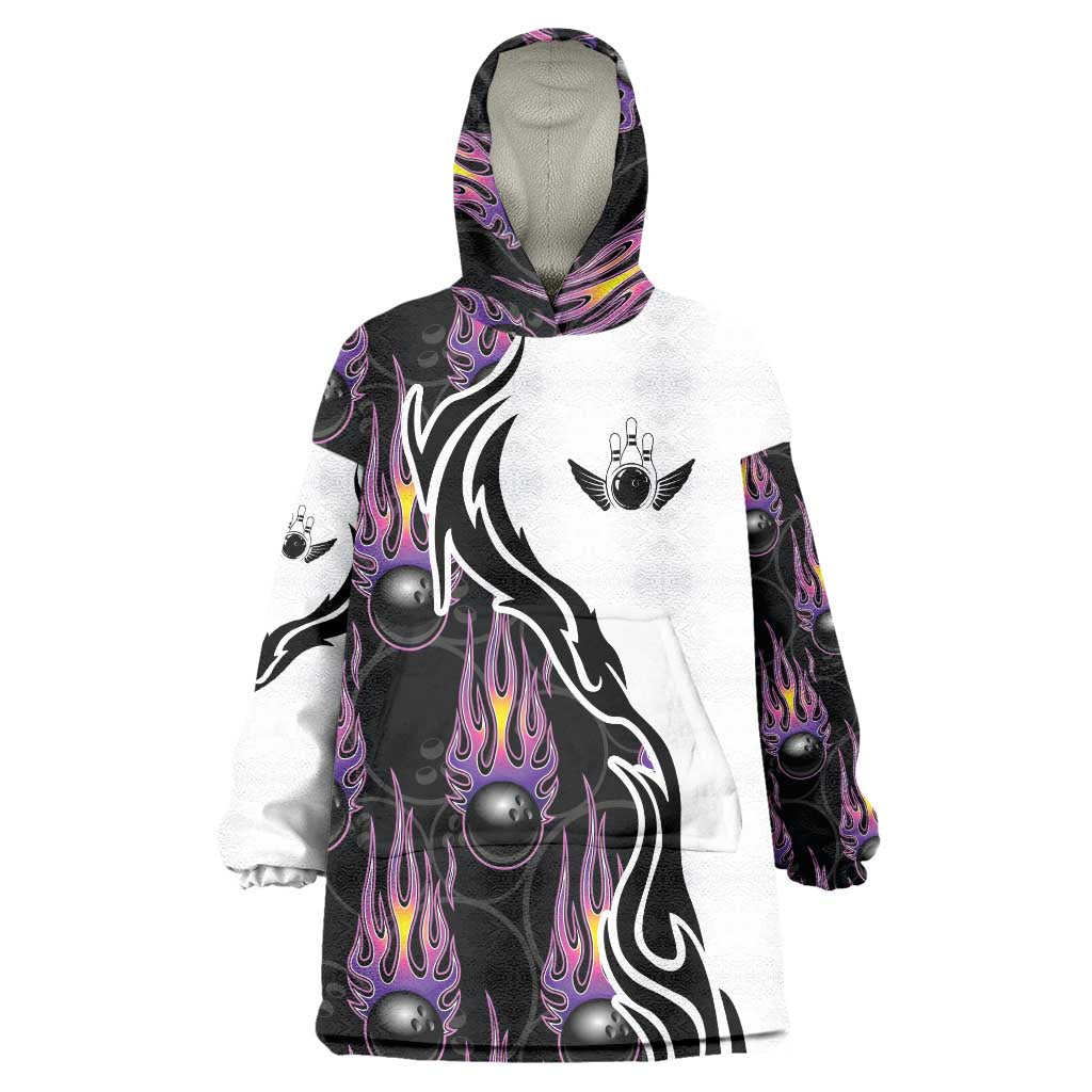 Personalized Bowling Flame Wearable Blanket Hoodie Black and White Split Pattern and Purple Fireball Graphics - Wonder Print Shop