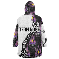 Personalized Bowling Flame Wearable Blanket Hoodie Black and White Split Pattern and Purple Fireball Graphics - Wonder Print Shop