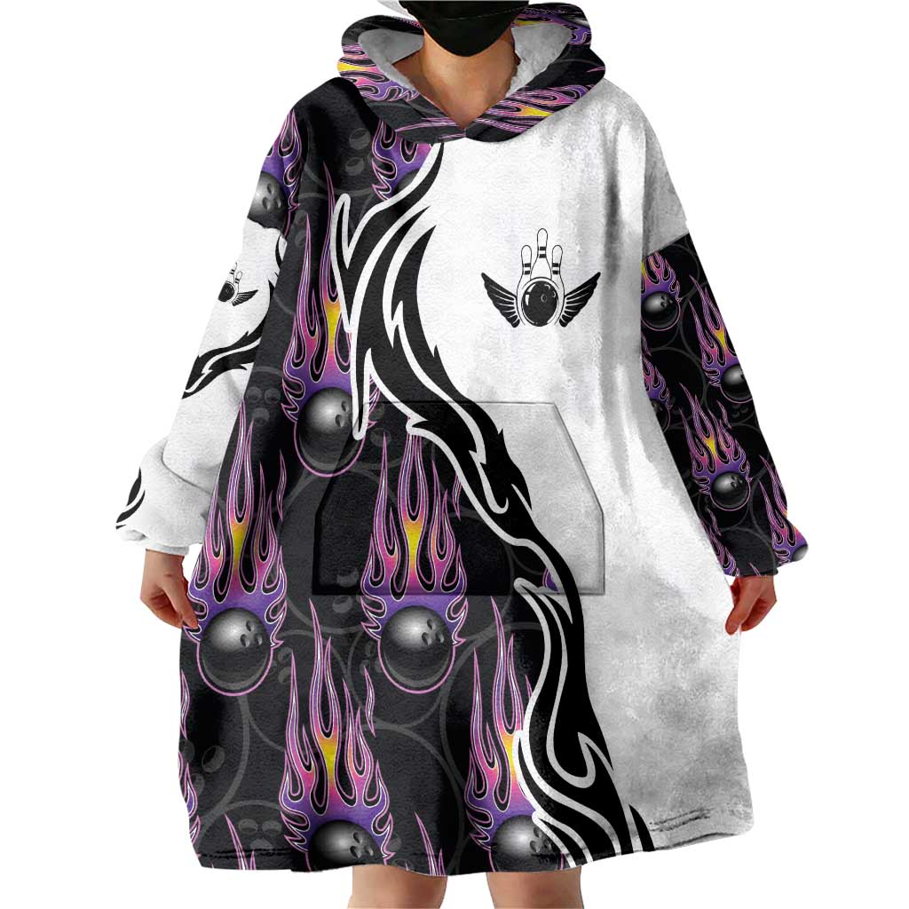 Personalized Bowling Flame Wearable Blanket Hoodie Black and White Split Pattern and Purple Fireball Graphics - Wonder Print Shop