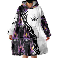 Personalized Bowling Flame Wearable Blanket Hoodie Black and White Split Pattern and Purple Fireball Graphics - Wonder Print Shop