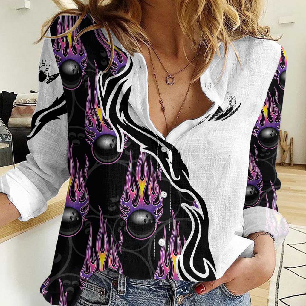 Personalized Bowling Flame Women Casual Shirt Black and White Split Pattern and Purple Fireball Graphics - Wonder Print Shop