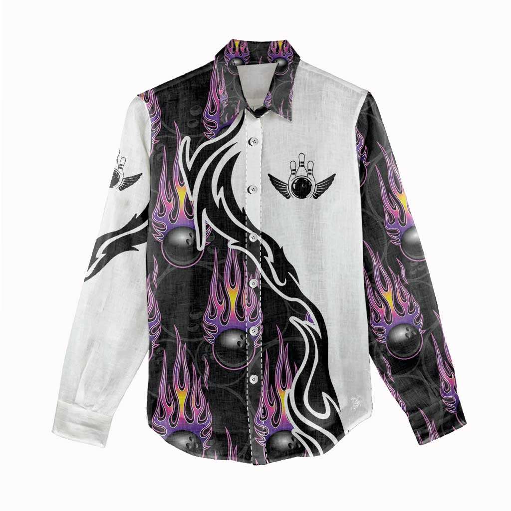 Personalized Bowling Flame Women Casual Shirt Black and White Split Pattern and Purple Fireball Graphics - Wonder Print Shop