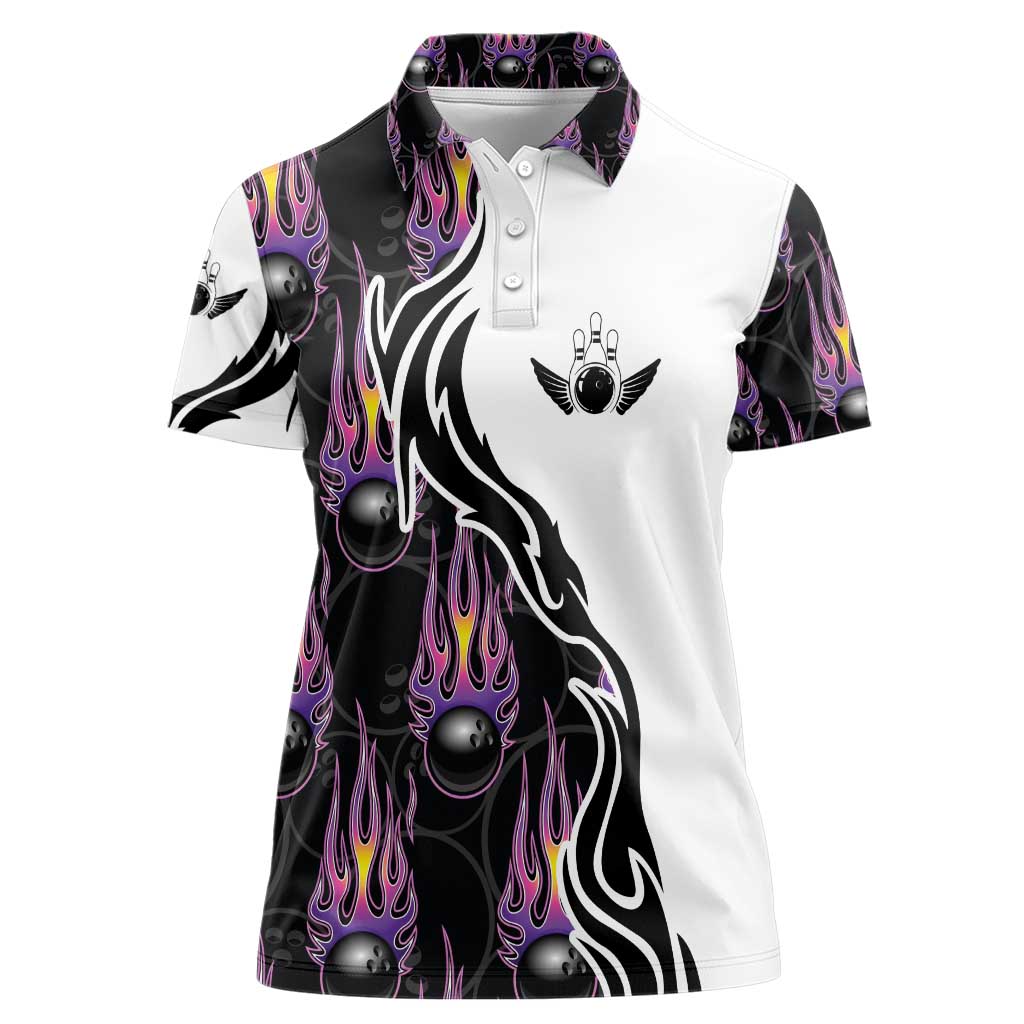 Personalized Bowling Flame Women Polo Shirt Black and White Split Pattern and Purple Fireball Graphics - Wonder Print Shop