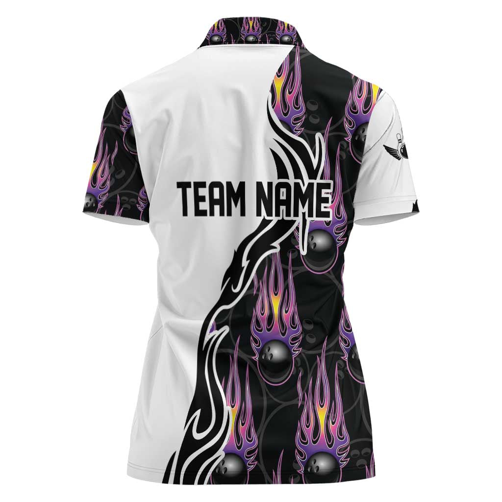 Personalized Bowling Flame Women Polo Shirt Black and White Split Pattern and Purple Fireball Graphics - Wonder Print Shop