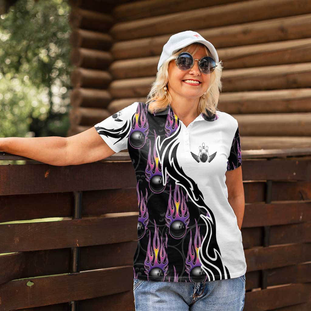 Personalized Bowling Flame Women Polo Shirt Black and White Split Pattern and Purple Fireball Graphics - Wonder Print Shop