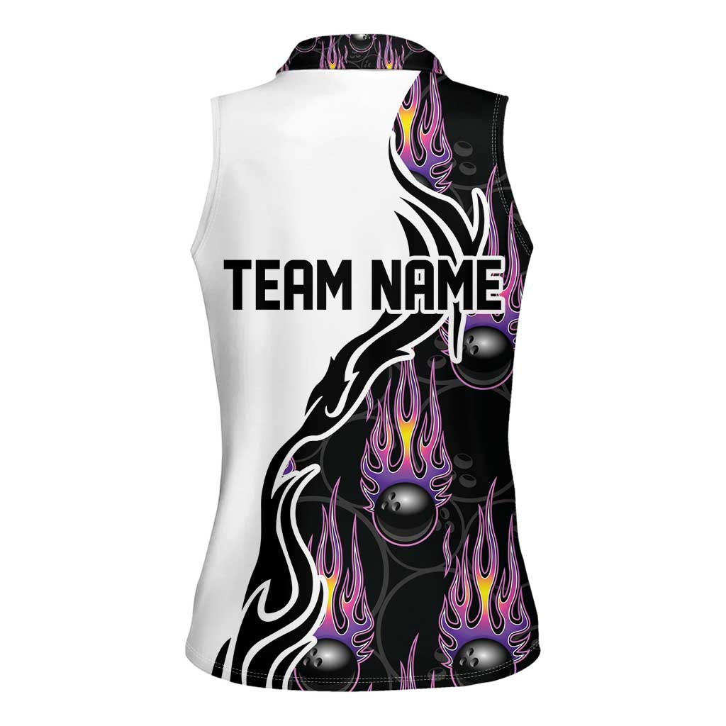 Personalized Bowling Flame Women Sleeveless Polo Shirt Black and White Split Pattern and Purple Fireball Graphics - Wonder Print Shop