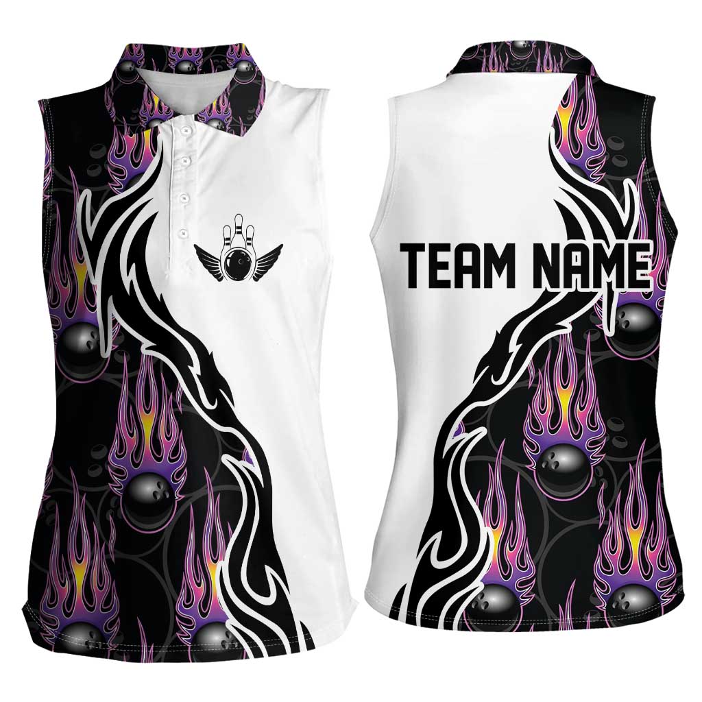 Personalized Bowling Flame Women Sleeveless Polo Shirt Black and White Split Pattern and Purple Fireball Graphics - Wonder Print Shop